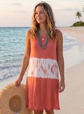 NWT Jennararion Coral Pink and White Sleeveless Dress with Pom Pom Hem
